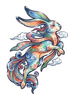 Colorful ornate rabbit leaping through clouds with flowing patterns, isolated on transparent background, great for stickers, t-shirt design, and print on demand.