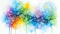 Creative watercolor splash with technology icons, gears, lightbulb and circuit patterns in rainbow colors. Innovation and brainstorming concept for business.