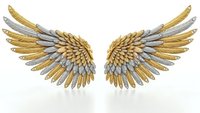 Golden and silver angel wings with detailed feathers isolated on white background for fantasy design projects and spiritual concepts.