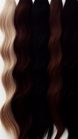 Wavy hair strands in different natural shades from blonde to black arranged in vertical rows showing color palette variations for hairstyling and beauty industry.