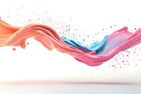Flowing abstract liquid waves in coral, pink and blue colors with splashing droplets create dynamic motion effect on white background.