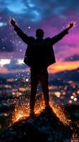 Silhouette of man with raised arms on mountain peak against dramatic sunset sky with glowing sparks and bokeh lights creating magical atmosphere.