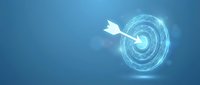 Glowing digital target with arrow hitting bullseye center on blue background. Business success, goal achievement, precision marketing concept.