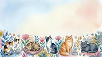 Watercolor cats sitting among colorful flowers and plants in pastel garden scene for home decor and pet lover designs.