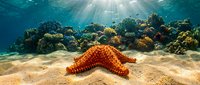 Orange starfish resting on sandy ocean floor with vibrant coral reef and sunbeams filtering through crystal clear tropical waters creating peaceful underwater scene.