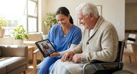 Young female healthcare worker in blue scrubs showing tablet to smiling elderly Caucasian man in wheelchair during home care visit in bright living room.
