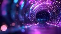 Magical glowing tunnel with purple and blue bokeh lights creating spiral path of sparkling particles against dark background, dreamy cosmic atmosphere.