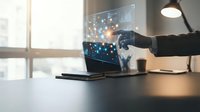 Professional businessman touching holographic digital interface with network connections emerging from laptop in modern office workspace.