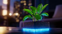 Modern houseplant in illuminated acrylic planter with water droplets and blue LED lighting creates futuristic home decor atmosphere against blurred city nightscape background.
