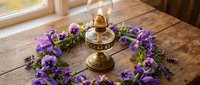 Vintage brass oil lamp surrounded by purple pansy flowers and lavender sprigs on rustic wooden table near window with warm natural lighting for home decor.