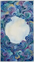 Watercolor ornate cloud frame with swirling patterns in blue purple teal colors, empty center space for text or design elements on white background.