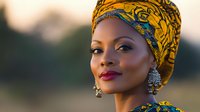 African woman wearing traditional yellow and blue headwrap and matching attire with statement earrings, captured in warm sunset light with soft background.