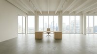 Spacious minimalist office interior with wooden desk, white chair, concrete floor, and panoramic city skyline view through large windows.