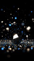 Glowing white geometric shape floating among scattered blue and gold particles against dark background, creating magical atmosphere with bokeh light effects.