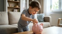 Young boy in striped shirt putting coin into pink piggy bank at home, teaching children financial literacy and saving money habits for future planning.