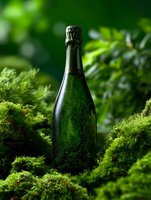 Green glass bottle with cork nestled in lush moss against blurred natural background, creating atmospheric composition for beverage and nature photography.