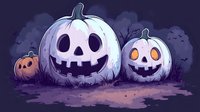 Glowing white pumpkins with carved faces against dark purple background create spooky Halloween atmosphere with traditional jack o lanterns in moonlit scene.