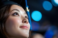 Young Asian woman looking up with hopeful expression against blurred blue bokeh lights background, close-up portrait capturing aspirational moment.