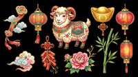 Lunar new year decorative elements collection featuring traditional ornaments, lanterns, lucky coins, firecrackers, peonies, bamboo, and a festive ox character. Isolated on transparent background, ready for t-shirts, clipart, stickers, sublimation, and print-on-demand designs.
