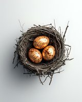 Three golden eggs nestled in natural bird nest on white background, symbolizing wealth, investment, and financial security.