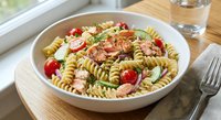 Colorful fusilli pasta salad with cherry tomatoes, fresh mozzarella, herbs and prosciutto served in white bowl on wooden table for lunch meal preparation.