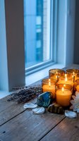 Cozy spa atmosphere with glowing candles, dried lavender, crystals and white petals on rustic wooden surface near window for relaxation and wellness.