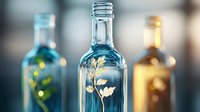 Decorative glass bottles with dried botanical elements suspended in liquid, creating an elegant display for home decor or craft projects.