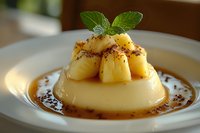 Creamy caramel flan dessert topped with caramelized pineapple chunks and fresh mint leaf garnish on white plate with golden syrup and chocolate shavings.