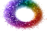 Vibrant rainbow colored circular frame made of glowing bokeh particles and light effects on white background, suitable for festive designs and celebrations.