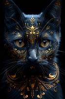 Black cat face with golden ornamental patterns and mystical decorative elements around amber eyes, creating magical feline portrait against dark background.