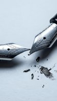 Broken fountain pen nib with ink splatter on white surface representing writing failure, creative block, or damaged writing instrument for business concepts.