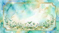 Watercolor botanical border with green foliage and gold frame on soft blue and cream background, suitable for invitations, greeting cards, and design projects.