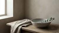 Rustic wooden table with draped linen fabric and ceramic bowl containing water and eucalyptus leaves near window with natural light.