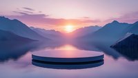 Circular platform floating on tranquil lake at sunset, surrounded by majestic mountains with purple sky and sun reflection on water surface.