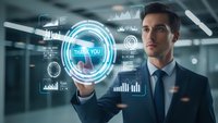 Professional businessman interacting with futuristic holographic interface displaying thank you message and data analytics in modern office.
