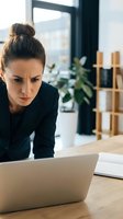 Focused businesswoman with hair bun working on laptop in modern office, leaning forward with concentrated expression, professional workspace environment.
