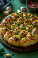 Freshly baked pull-apart bread rolls with garlic butter, herbs and spices on wooden board. Golden brown crust garnished with parsley creates appetizing texture.