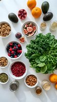 Healthy superfood ingredients flat lay with fresh fruits, vegetables, nuts, seeds and berries arranged on white background for nutritious meal planning.
