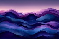 Abstract mountain landscape in purple and blue gradient colors with layered wavy hills creating depth and tranquil atmosphere at sunset or sunrise.