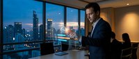 Professional businessman using tablet computer in modern office with city skyline view at dusk. Corporate executive working late hours in luxury workplace.