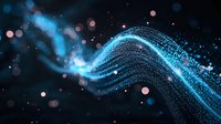 Glowing blue wave of particles flowing through dark space with bokeh light effects and sparkling dots creating magical atmosphere.
