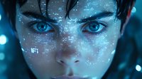 Futuristic close up portrait with digital data projection mapping on face in blue technological environment showing biometric scanning and cybersecurity concept.