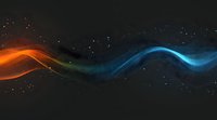 Abstract glowing orange and blue wave lines with particles floating on dark background, dynamic light motion effect creates futuristic energy flow pattern.