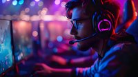 Professional esports player in gaming headset competing at tournament, illuminated by vibrant neon lights and bokeh effects, perfect for gaming industry content.