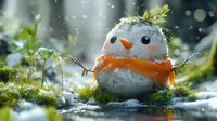 Adorable snowman with orange scarf and twig arms sitting in snowy moss, magical winter forest scene with bokeh lights and falling snow in soft natural lighting.