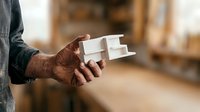 Worker holding white cardboard boxes in construction site warehouse. Male hands displaying small packaging for shipping, delivery, or storage solutions in industrial setting.