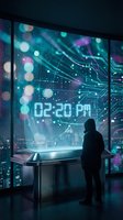 Silhouette of person standing in futuristic office with large windows displaying digital time and glowing circuit patterns against neon cityscape at night.