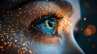Close-up of blue eye with golden glitter particles creating magical atmosphere, perfect for beauty, fantasy, or cosmetic advertising.