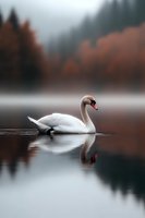 Elegant white swan swimming on misty lake at dawn, with autumn forest reflection creating moody atmosphere. Mirror-like water surface adds serenity to scene.