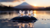 Delicate white cherry blossoms on stone against dramatic mountain lake sunset background, soft focus macro photography creates dreamy atmosphere and reflection in water.
